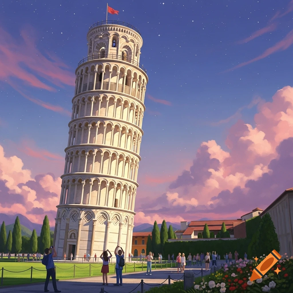 The iconic Leaning Tower of Pisa stands tall at sunset, surrounded by green lawns, trees, and tourists.