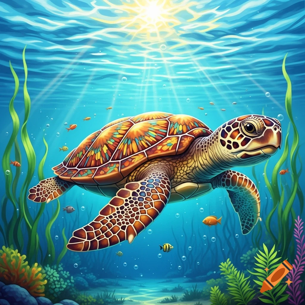 Vibrantly colored sea turtle swims through sunlit blue ocean water surrounded by small fish and green marine plants, illustration.