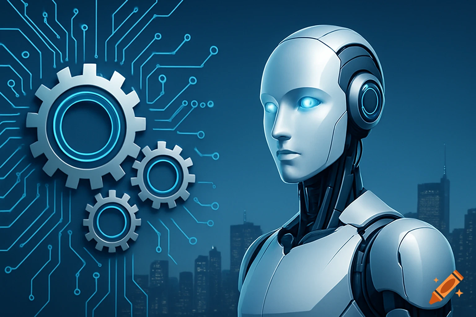 A silver robot with glowing blue eyes, gears, and circuit board patterns against a dark city skyline in a digital art style.