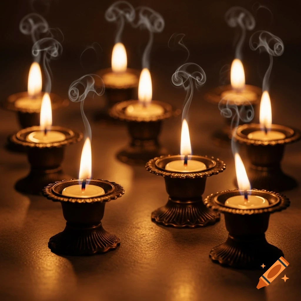 Multiple small tea light candles burn brightly in ornate metal holders, casting a warm glow and producing delicate smoke trails.