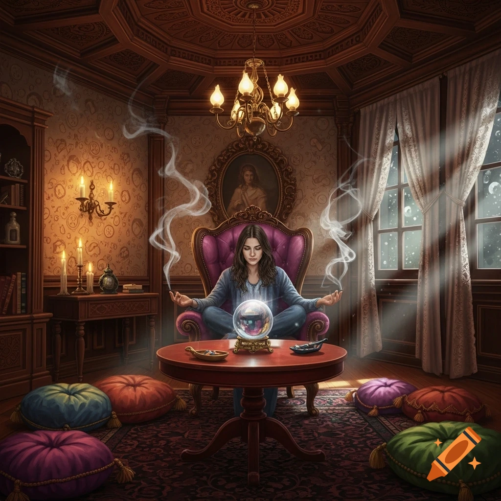 A woman meditates in a plush chair, smoke rising from her hands, gazing into a glowing crystal ball in a richly decorated, dimly lit room.