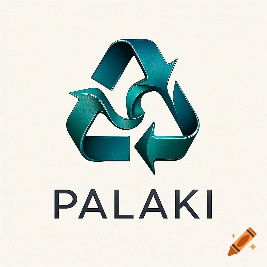 A 3D metallic-looking recycling symbol in teal and blue, above the word "PALAKI" in black text, on a light background.