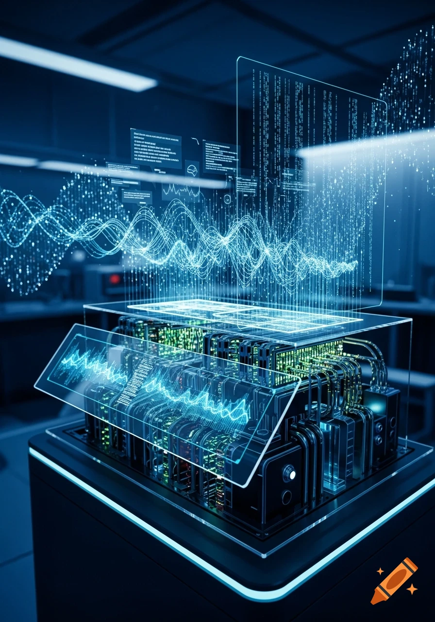 A futuristic machine with glowing blue and green circuits, intricate wiring, and holographic displays showing data waves and streaming code.