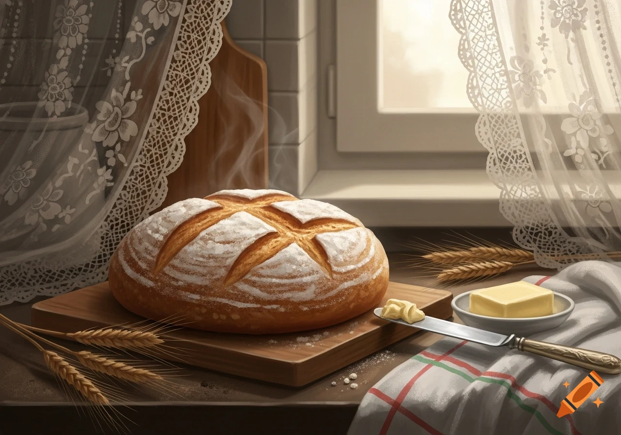 A rustic, steaming loaf of fresh bread on a cutting board, with butter, wheat, and lace curtains by a window.