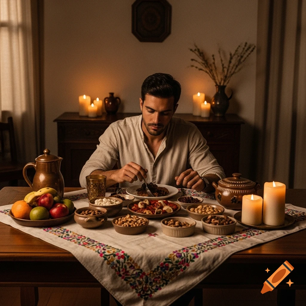 A man eats a meal at a candlelit table laden with various dishes, nuts, and fruit in a cozy setting.