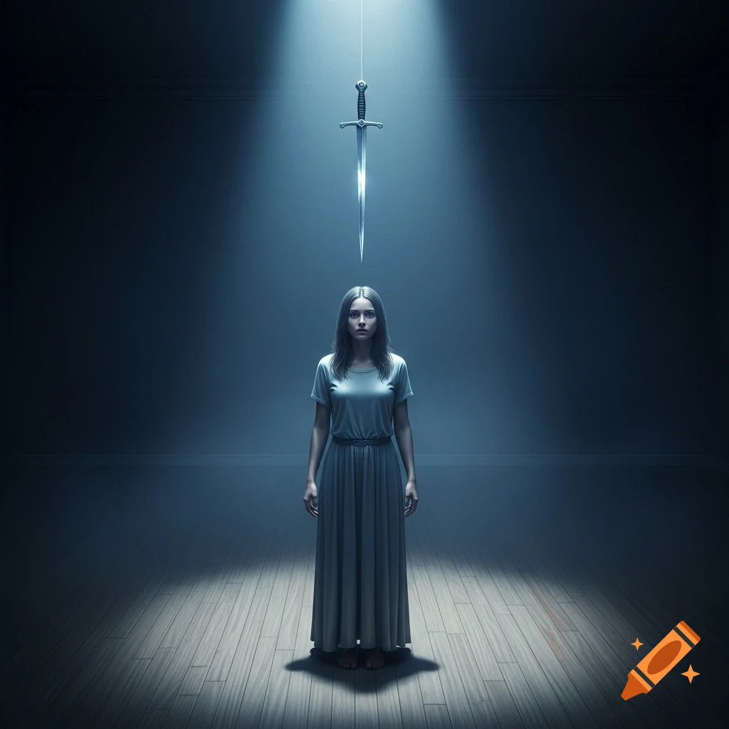 A young woman stands in a dim room under a single spotlight, a sharp sword suspended by a thread directly over her head.