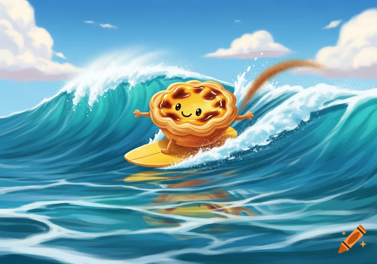 Playful cartoon illustration of a smiling egg tart surfing on a yellow surfboard amidst large blue ocean waves under a sunny sky.