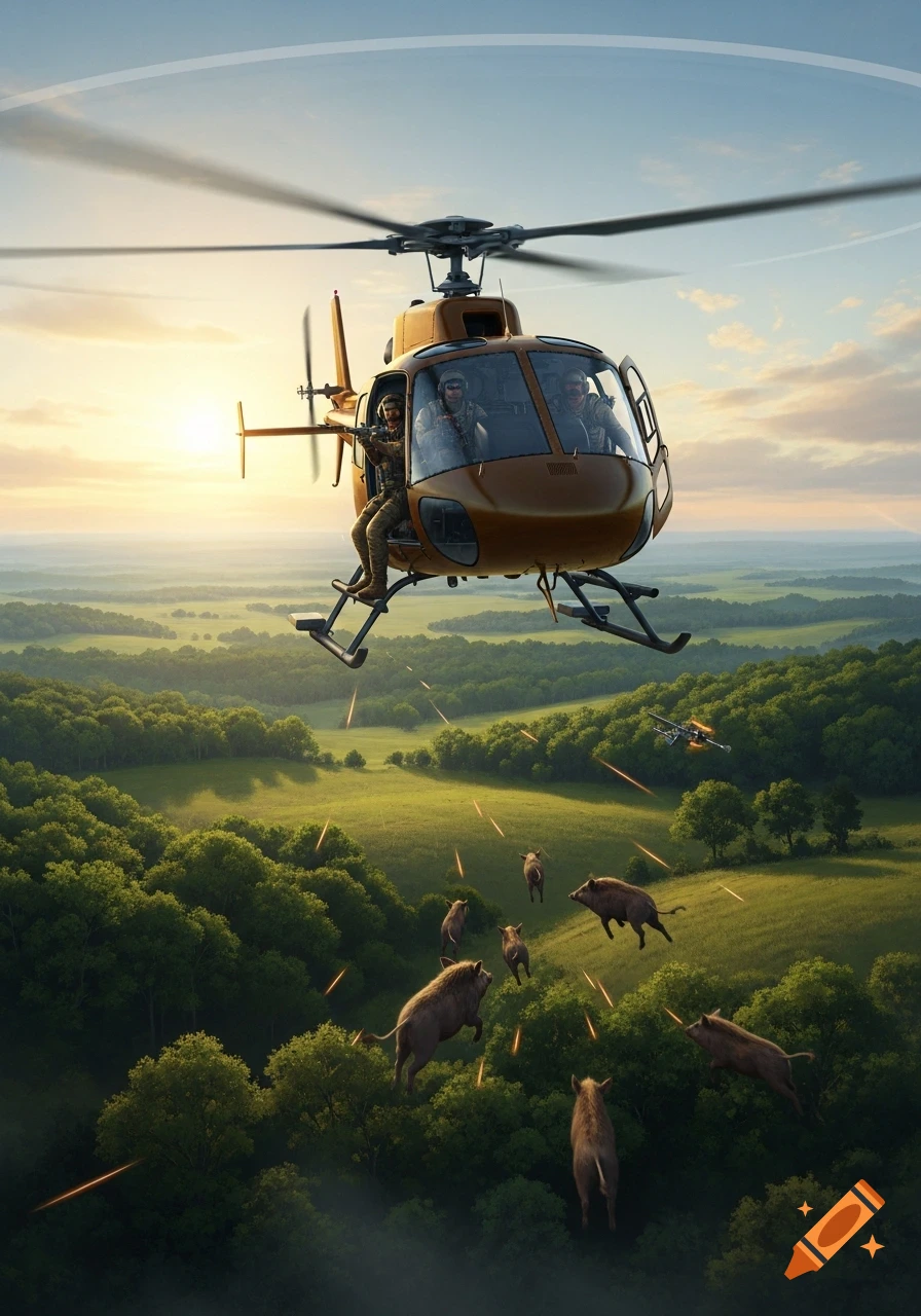 A military helicopter with armed hunters shoots at wild boars running through a green, forested landscape at sunset, depicting a game mode.
