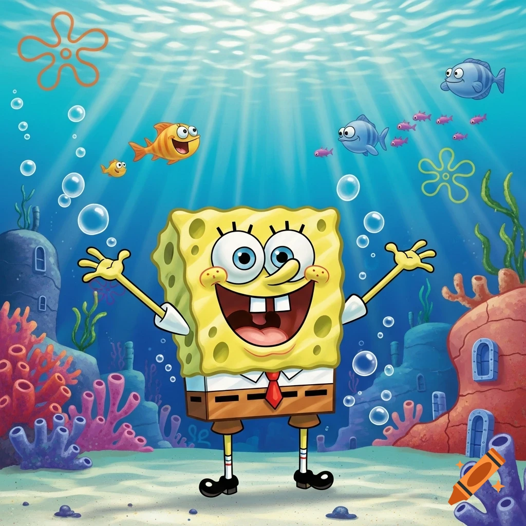 A happy cartoon Spongebob Squarepants stands underwater with outstretched arms, surrounded by colorful coral, fish, and bubbles, under rays of light.