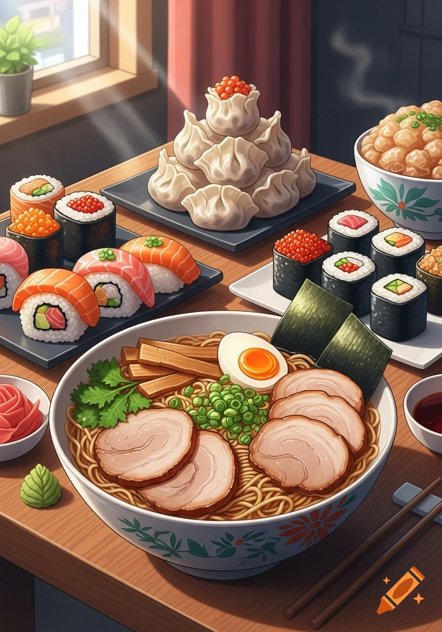 A vibrant anime-style table spread featuring a large bowl of ramen, various sushi rolls, a pile of dumplings, and a bowl of rice, bathed in sunlight.