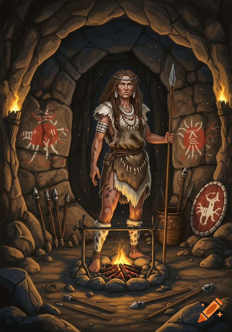 A strong cave woman stands by a fire in a cave, holding a spear, surrounded by prehistoric tools and cave paintings.