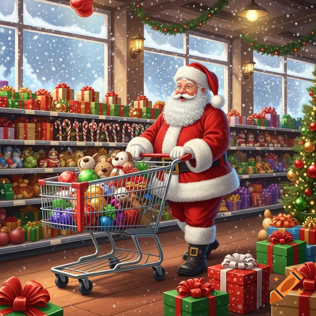 Santa Claus pushes a full shopping cart down a supermarket aisle decorated with Christmas gifts, with snow falling outside.