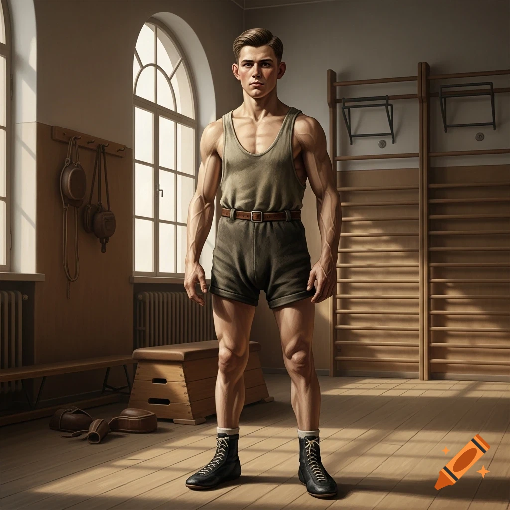 A young muscular man in a tank top and shorts stands in a sunlit vintage gymnasium with a large arched window.