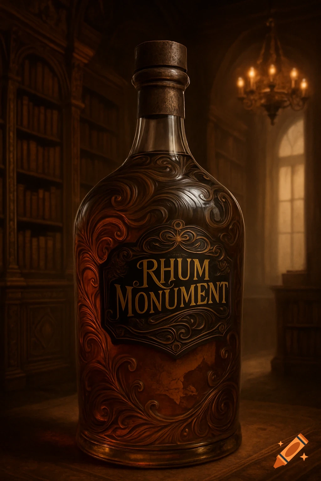 Ornate dark glass 'Rhum Monument' rum bottle on a table in a dimly lit library, photorealistic.
