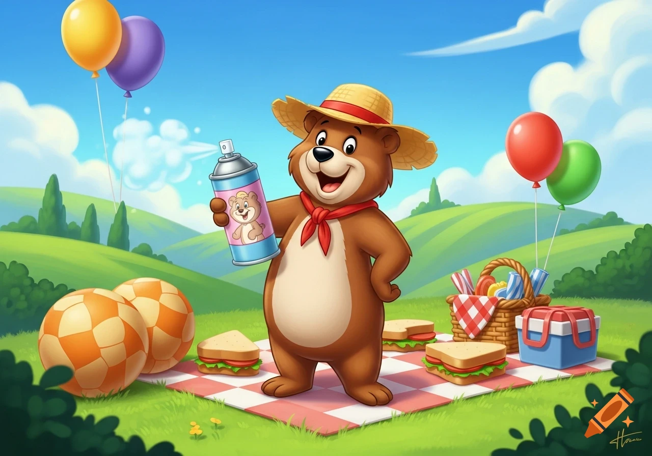 A cheerful vintage Hanna-Barbera style cartoon bear in a straw hat holding a spray can, standing on a picnic blanket with food and balloons.