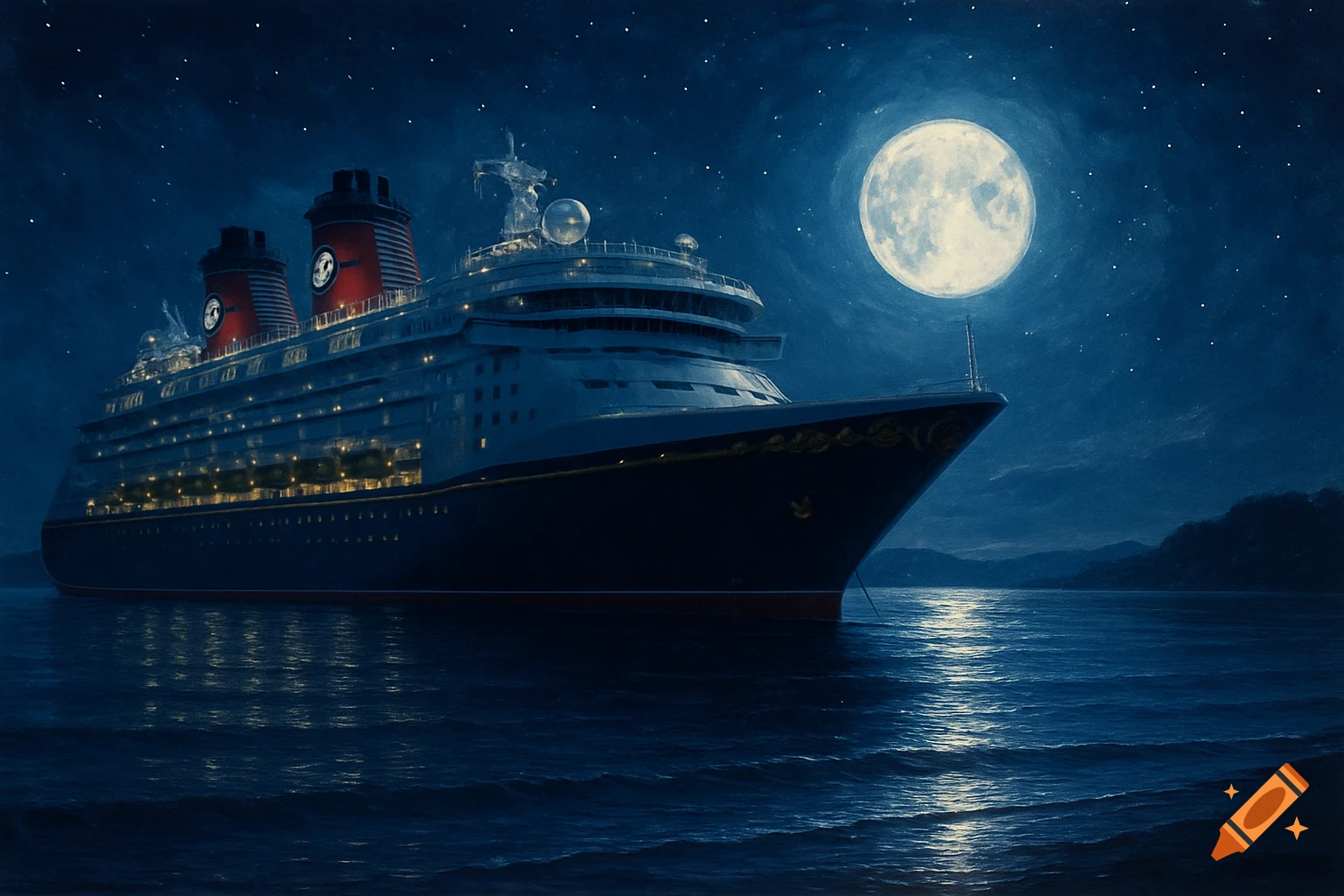 A large cruise ship, resembling a Disney liner, sails on a dark ocean at night under a bright full moon, with reflections on the water.