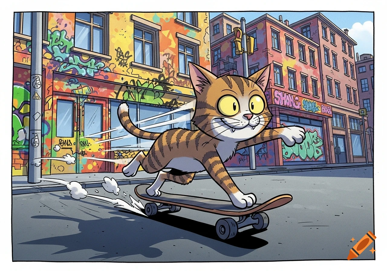 A cartoon ginger tabby cat joyfully skateboards down a graffiti-covered city street.