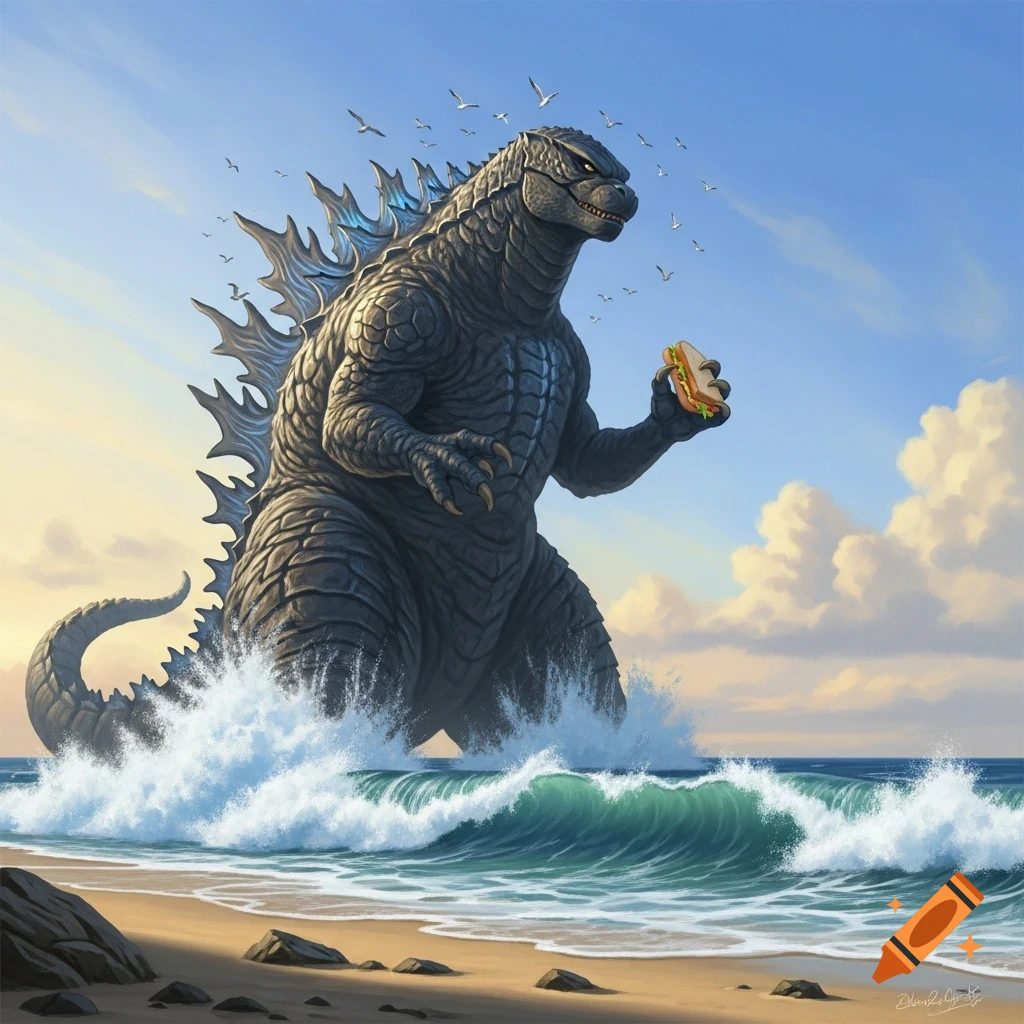 Gigantic Godzilla stands in ocean waves on a sunny beach, holding a small sandwich. Seagulls fly overhead.