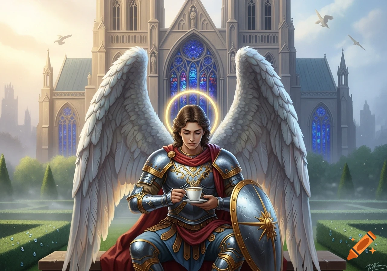 An armored angel with white wings and a halo sips coffee in a garden before a gothic cathedral.