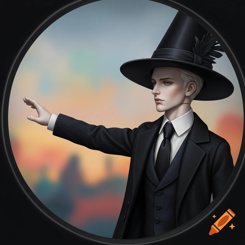 A stylized male doll in a black suit, white shirt, black tie, and a wide-brimmed black hat with a feather, reaching out. Framed in a circle against a colorful, blurred background.