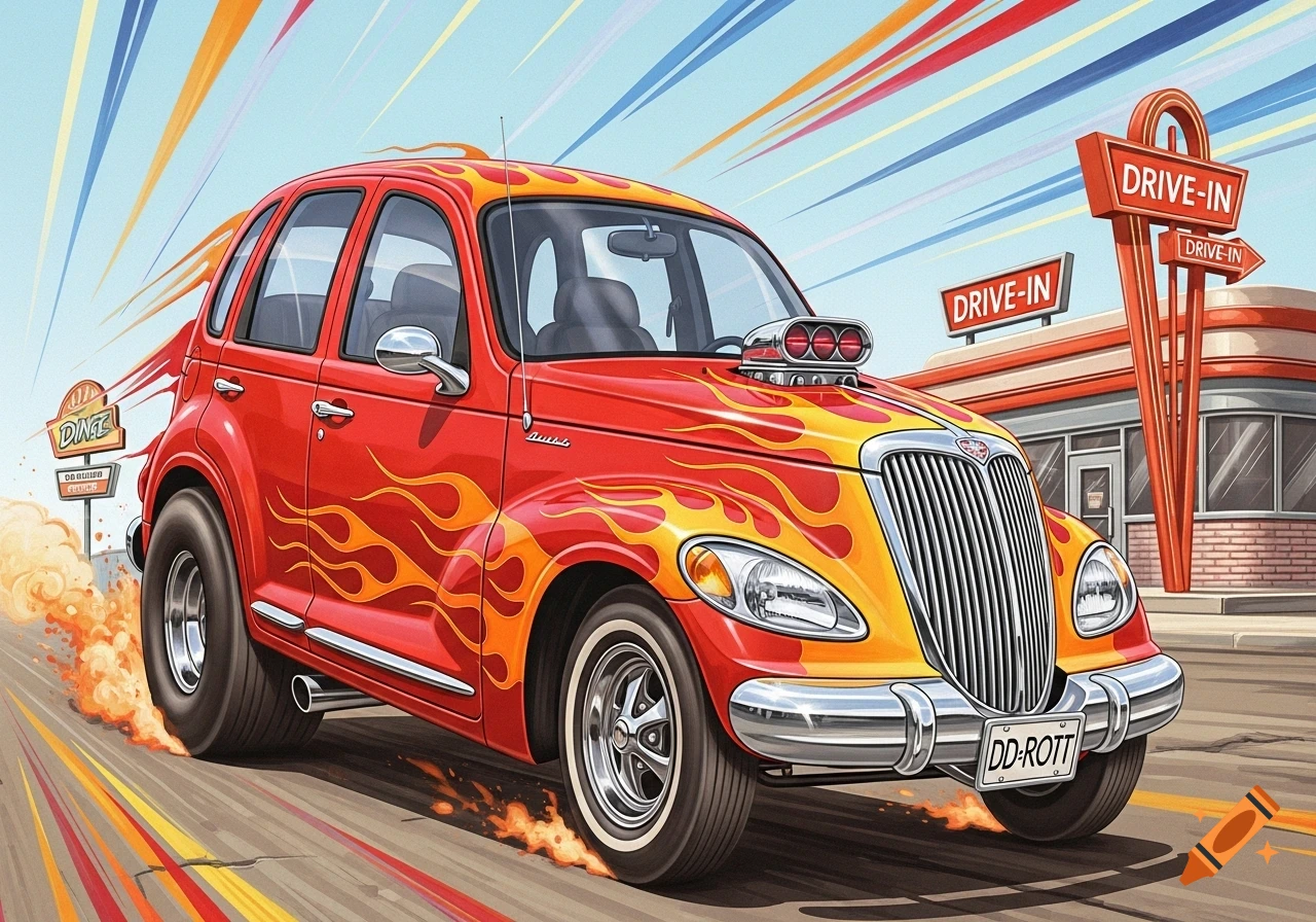 Cartoon drawing of a red PT Cruiser hot rod with yellow flames, big tires, and an exposed engine intake, speeding past a drive-in diner.