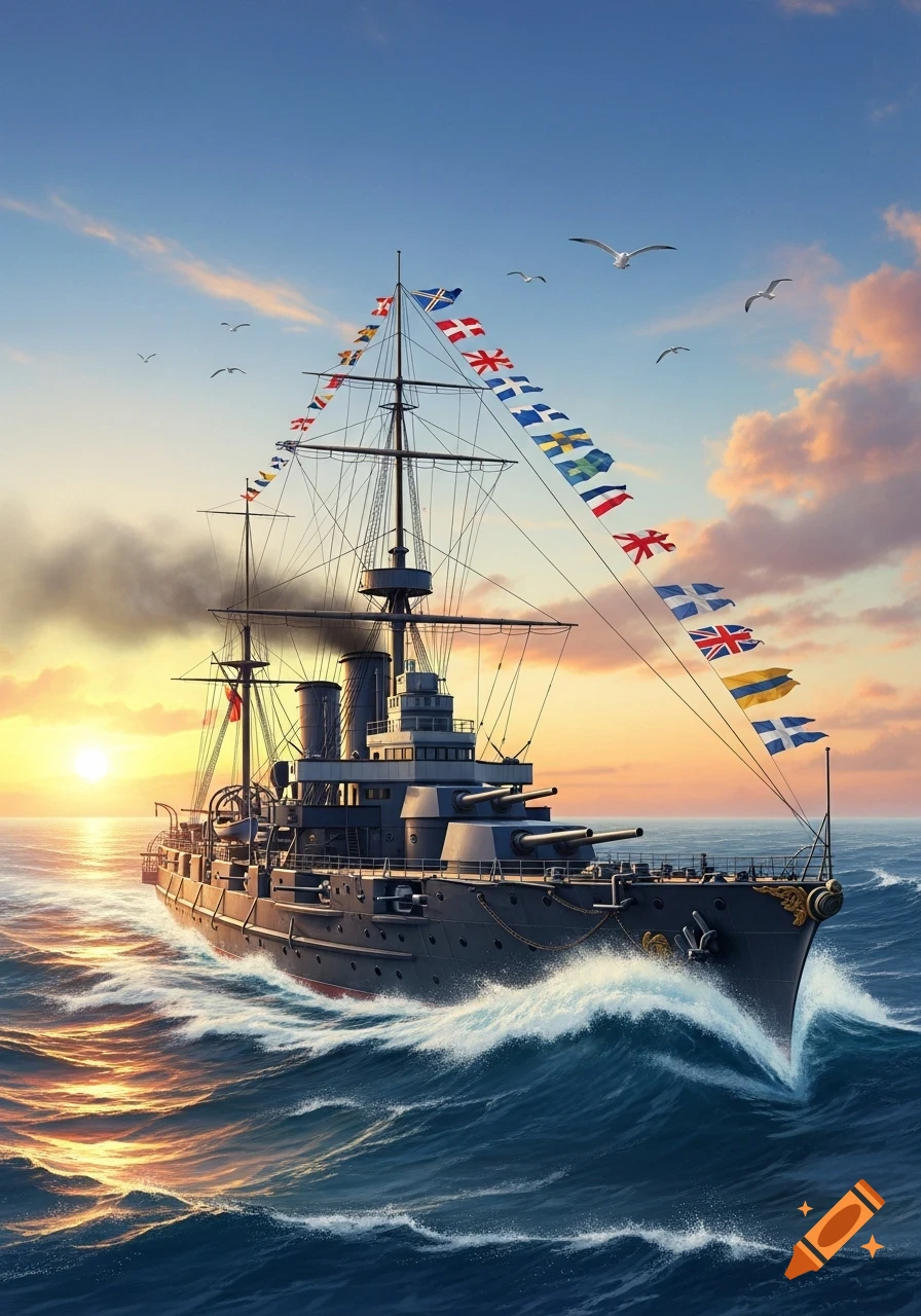 A majestic battleship, decorated with colorful flags, sails through golden waters at sunset with seagulls flying above.