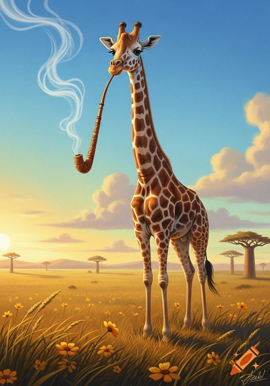 A cartoon giraffe with a long pipe emitting smoke stands in a savanna field with yellow flowers at sunset.