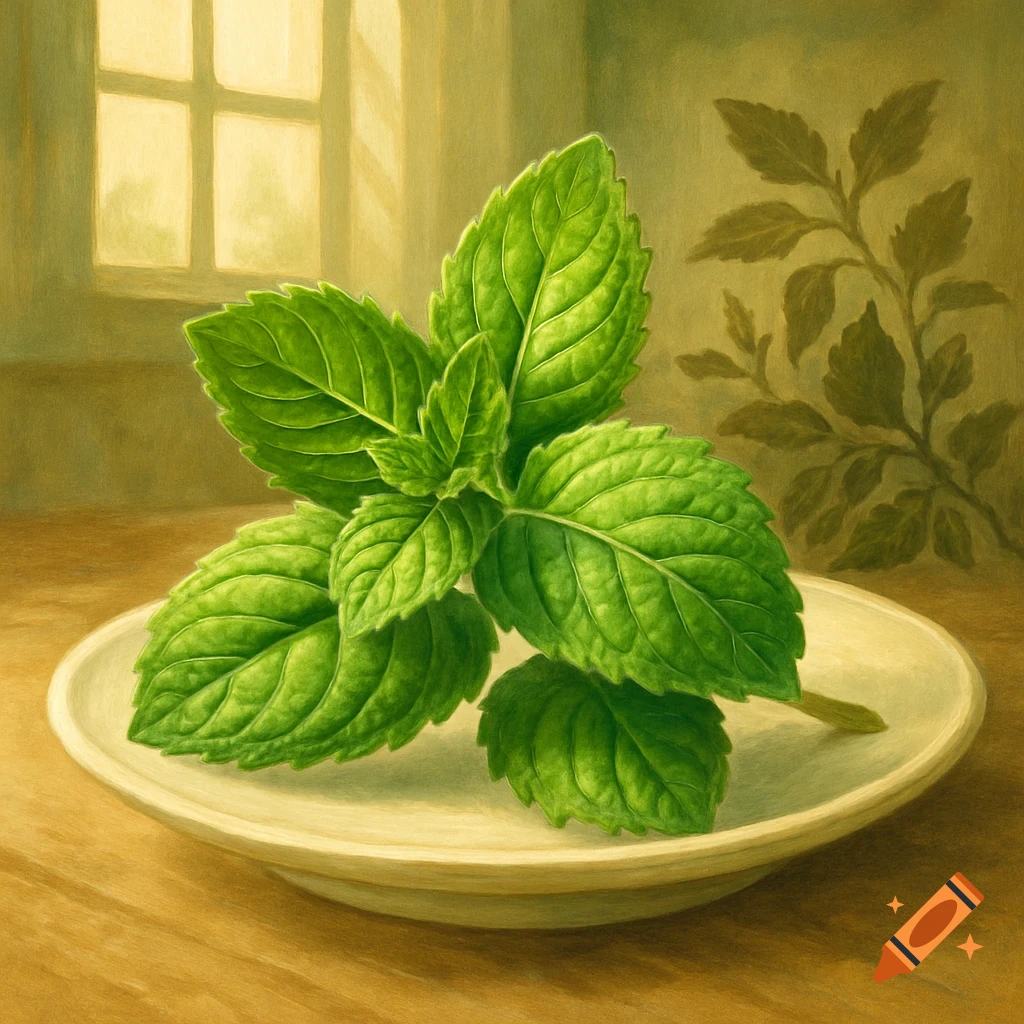 A sprig of fresh green mint leaves rests on a white plate in a warm, painterly room with a sunlit window.