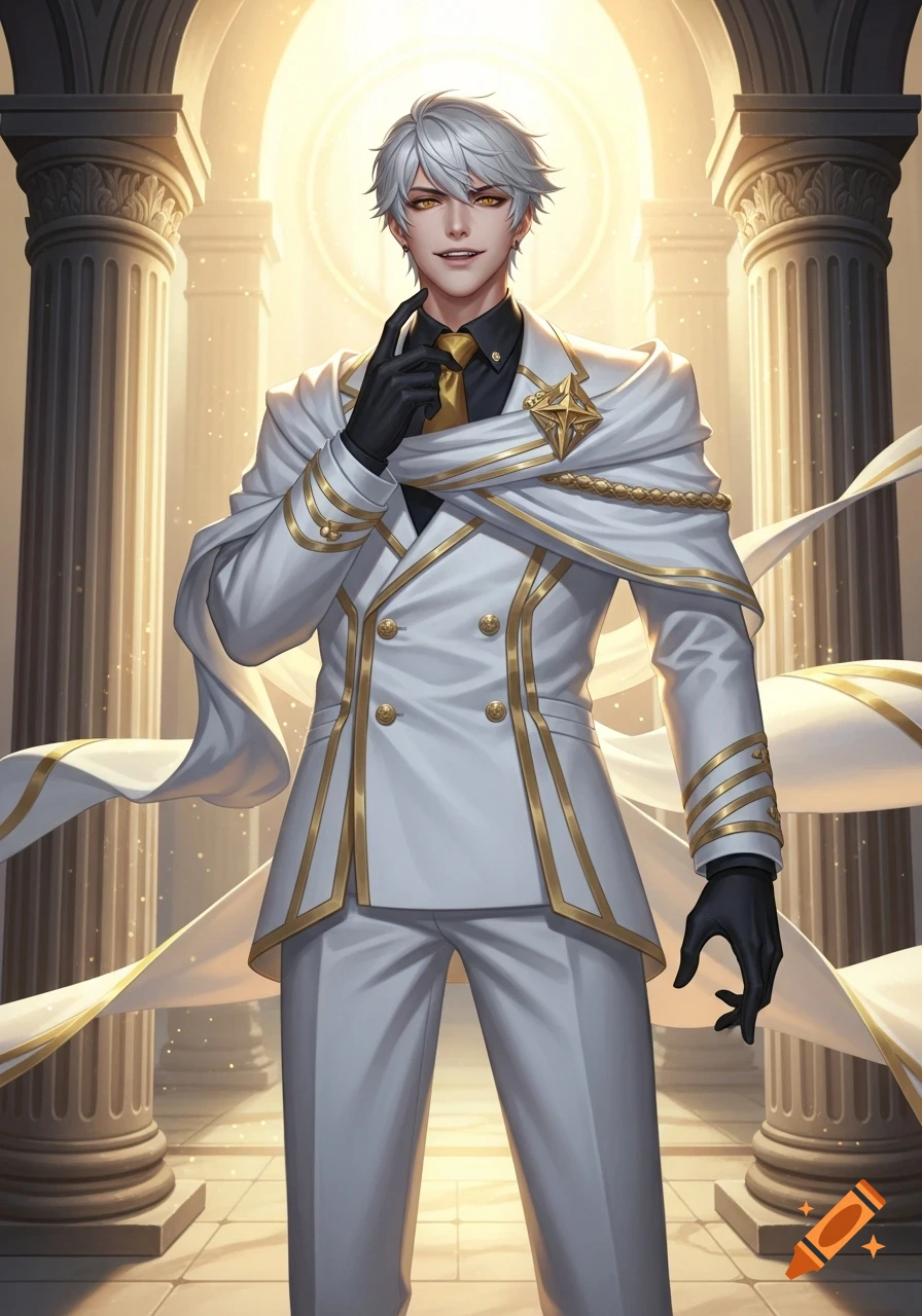 Anime-style young man with silver hair and a menacing grin, dressed in a white and gold suit, standing in a grand hall.