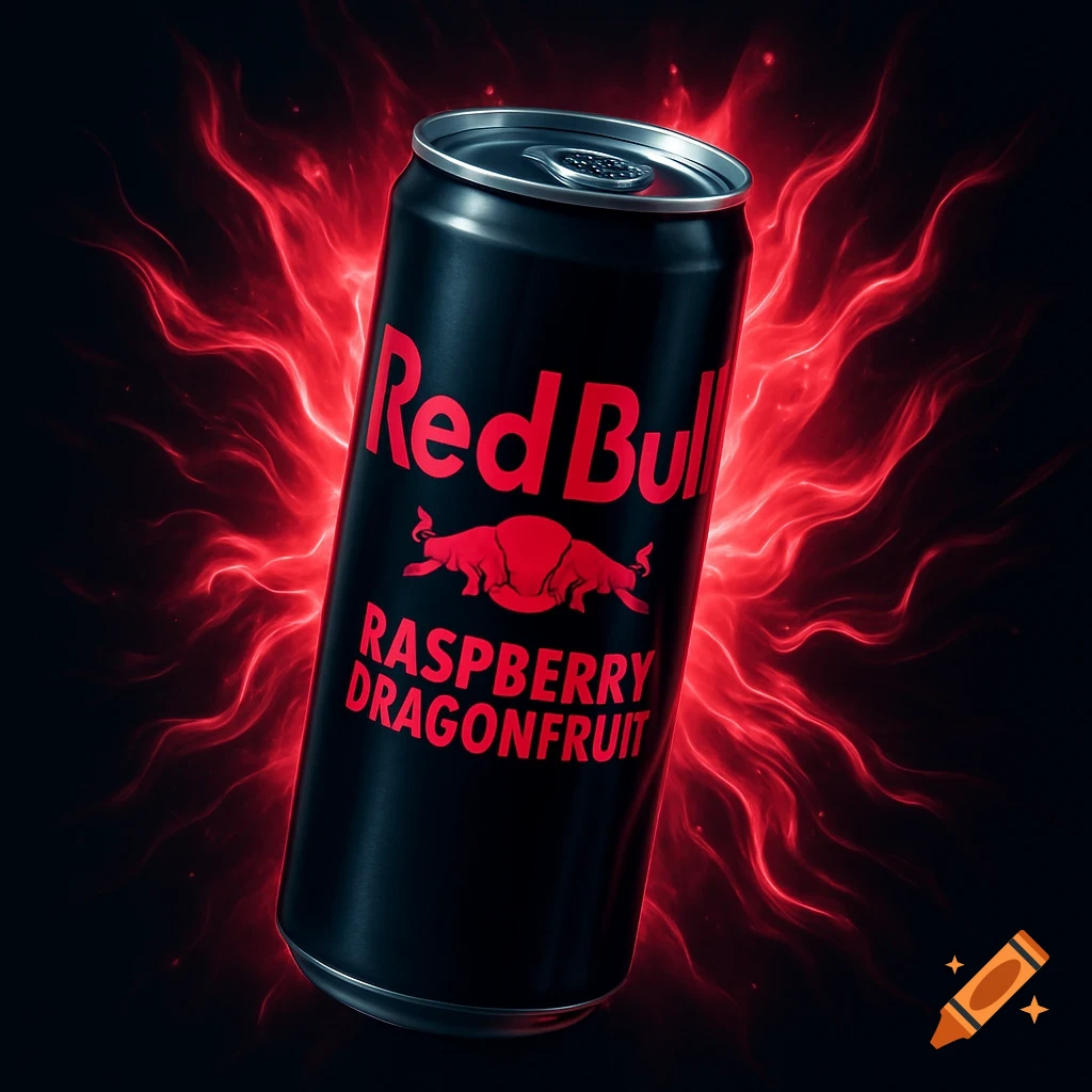 Black Red Bull can with red 'Red Bull Raspberry Dragonfruit' text and logo, on a dark background with red energy.