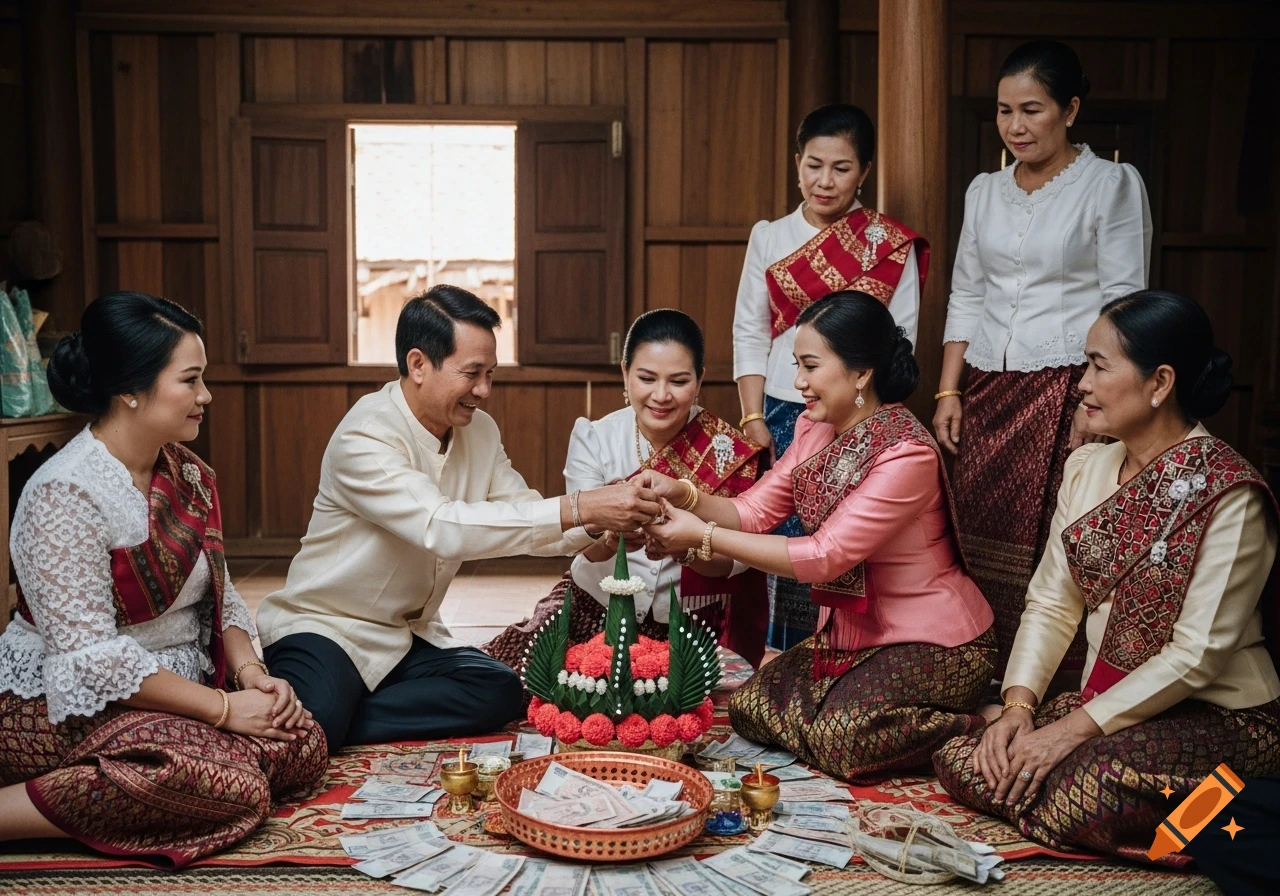 Traditional Lao baci blessing ceremony: People in formal attire sit on floor around offerings, an older man ties string on a couple's wrists, photorealistic.
