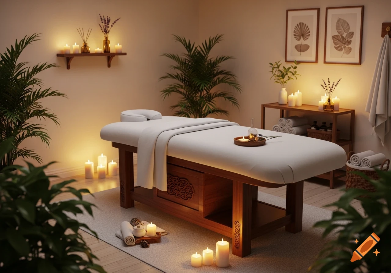 A tranquil spa room with a massage bed, surrounded by lush plants and glowing candles, creating a relaxing ambiance.