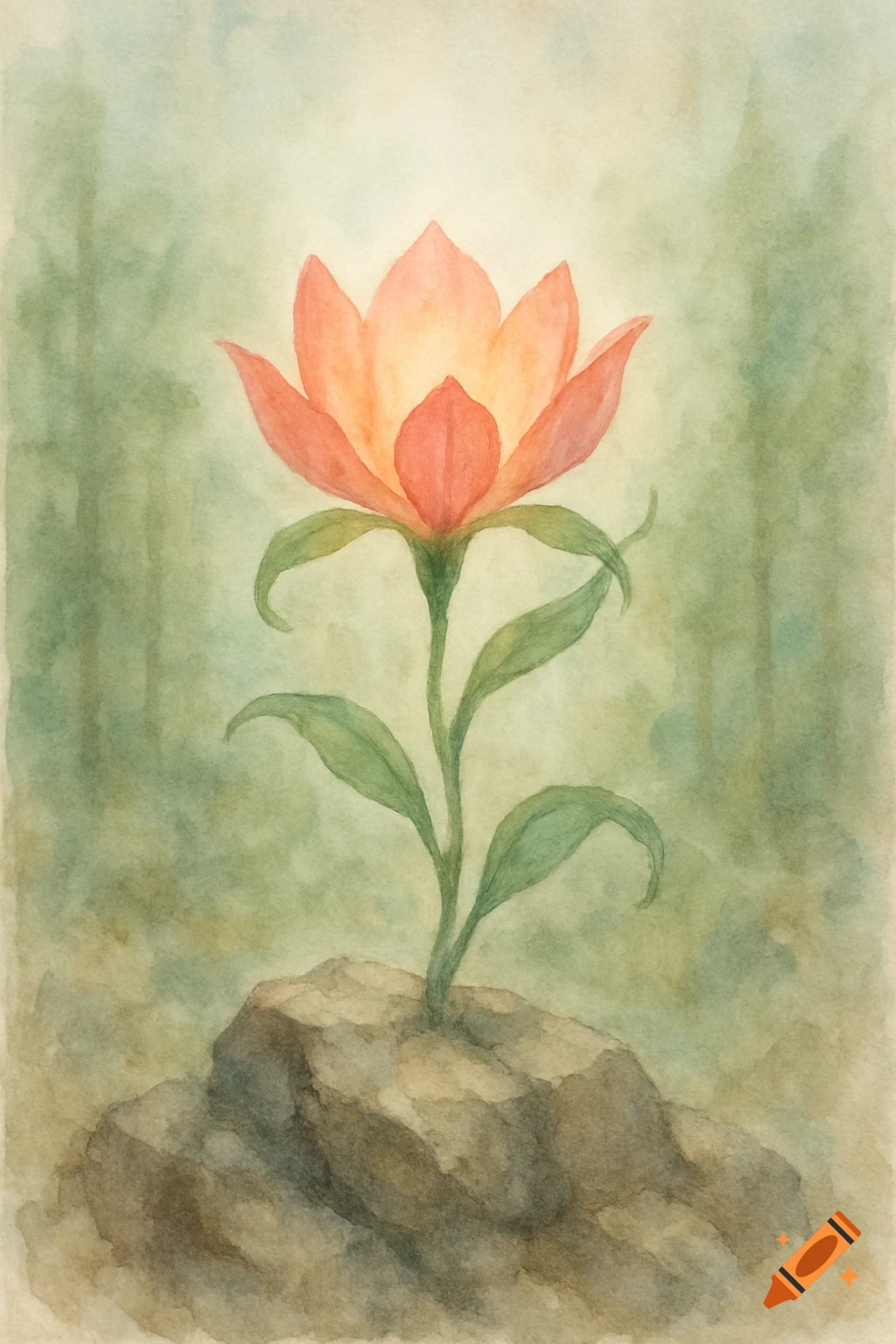 Watercolor painting of an orange-pink glowing flower with green leaves, growing from rocks in a soft green forest background.