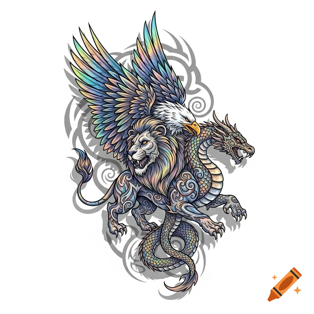 Colorful tattoo art of a mythical chimera with a lion body, eagle head and wings, and dragon head and tail.