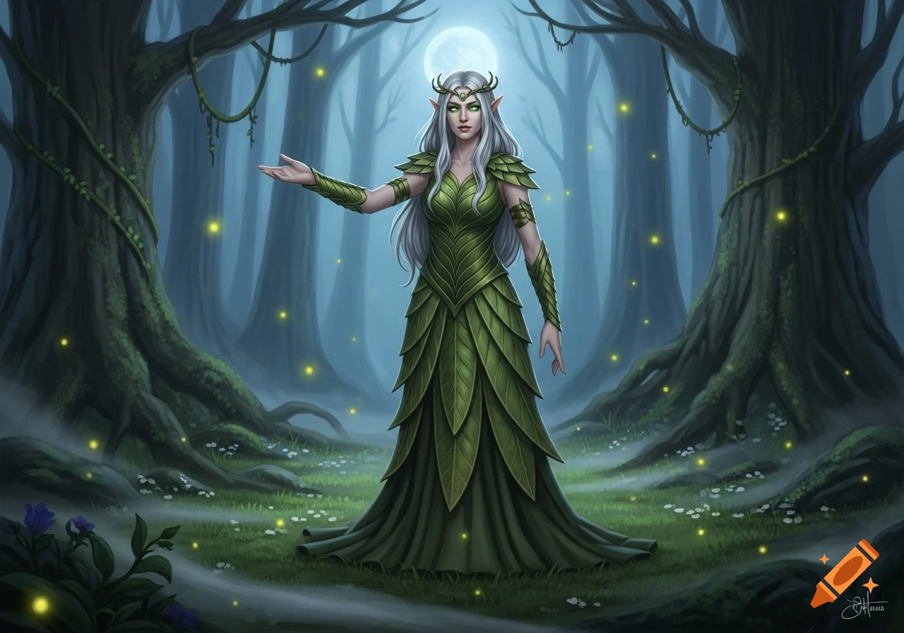A female elf with long white hair and a leaf dress stands in a mystical moonlit forest with glowing fireflies, extending her hand.