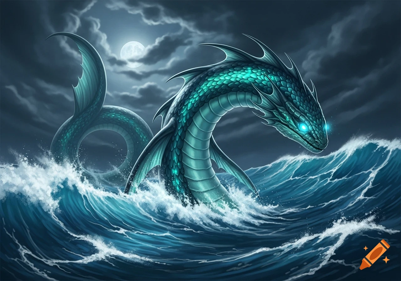 A majestic blue-green sea serpent with glowing eyes emerges from choppy ocean waves under a full moon at night.