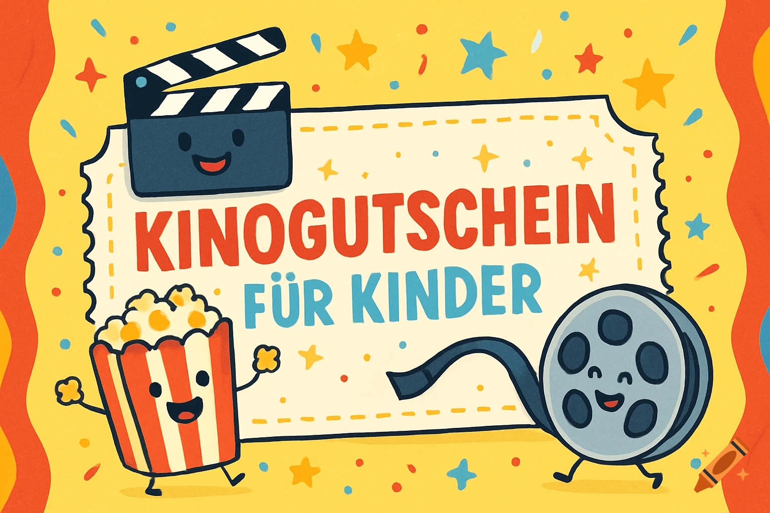 Colorful cartoon cinema voucher with a smiling clapperboard, popcorn, and film reel. Text reads 'KINOGUTSCHEIN FÜR KINDER'.
