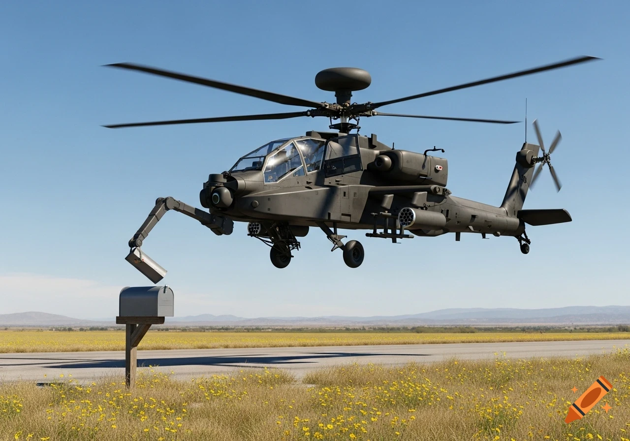 A photorealistic image of a military Apache helicopter with a robotic arm opening a mailbox in a field under a clear blue sky.