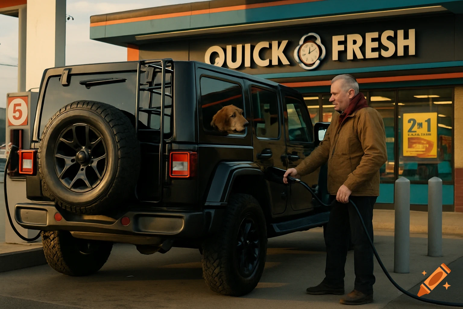 Man pumps gas into a black Jeep-like SUV with a dog looking out the window, at a Quick Fresh gas station.