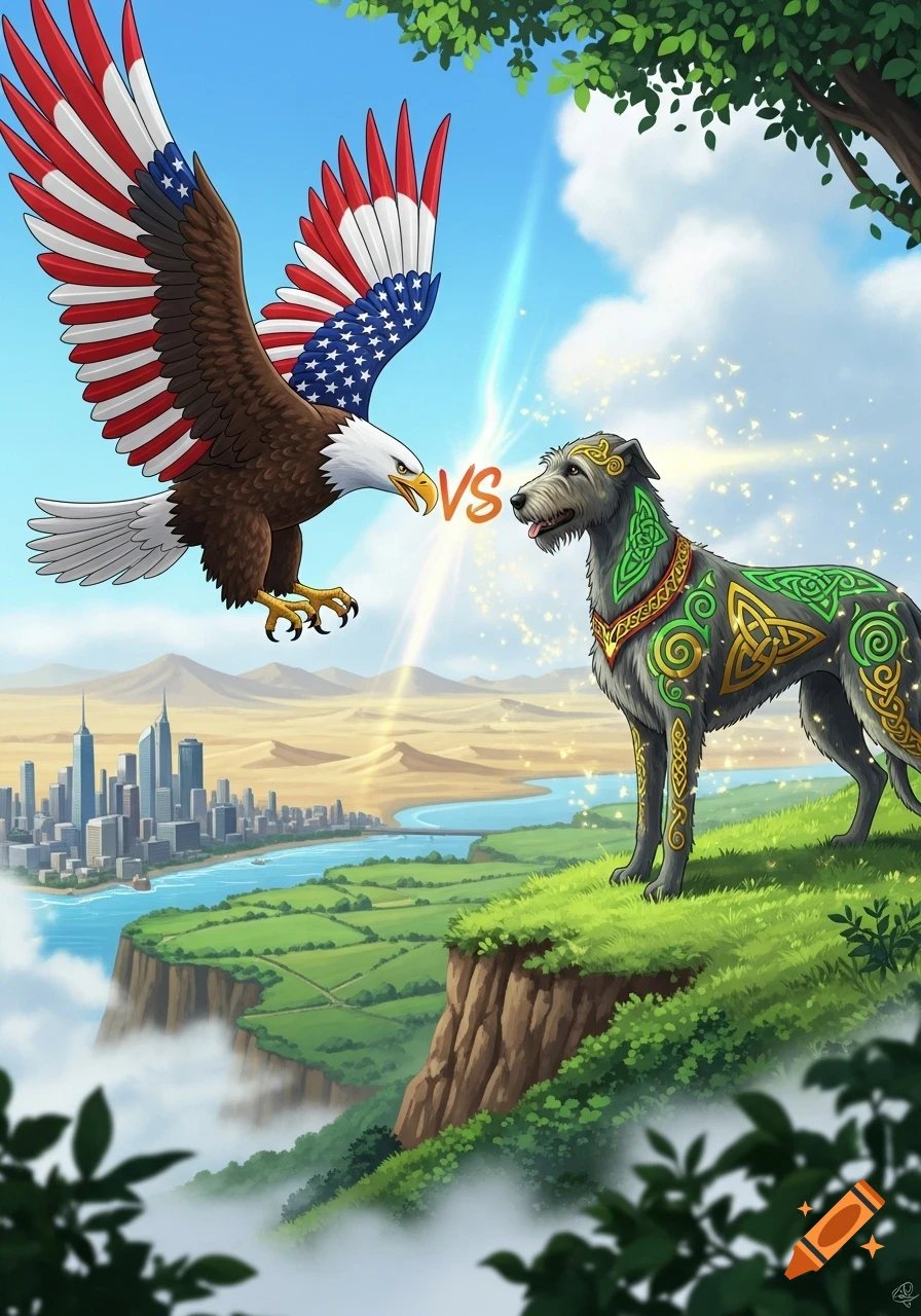 Anime style American eagle with flag wings facing a Celtic Irish wolfhound on a cliff overlooking a city.
