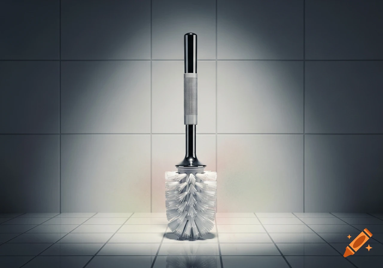 A photorealistic image of a sleek, modern toilet brush standing upright in a tiled bathroom with dramatic lighting.