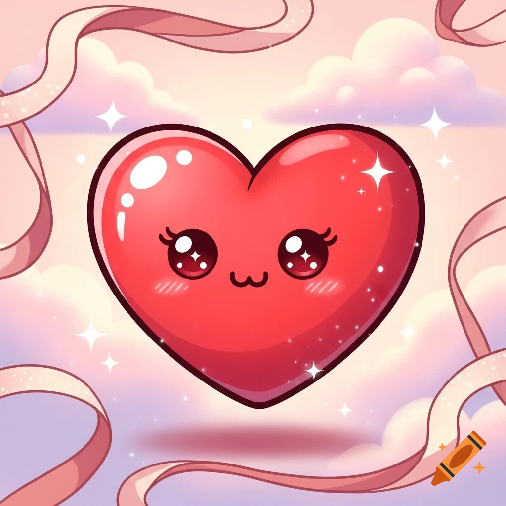 A cute, shiny red cartoon heart with big eyes and a small smile, floating amidst pink clouds, sparkles, and ribbons.