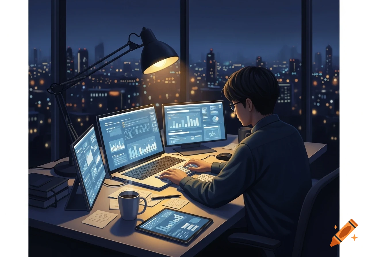 An anime-style illustration of a person working on multiple computer screens and a tablet in a dark office, with a city skyline visible at night.