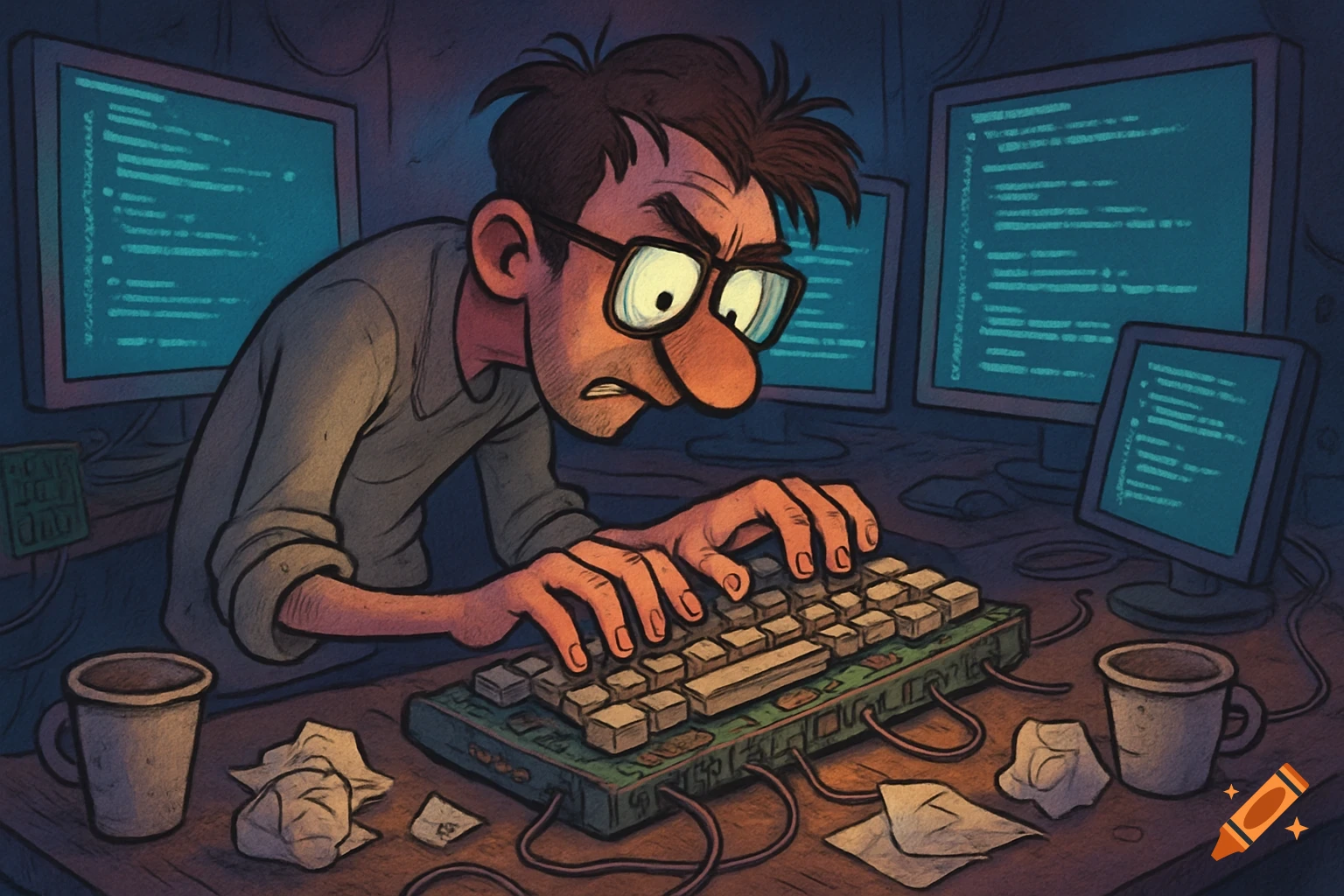 A cartoon illustration of a disheveled software programmer intensely typing on a keyboard, surrounded by multiple monitors displaying garbled code.