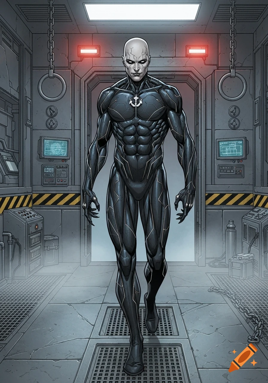 A pale-skinned superhero with cracked skin and glowing eyes in a black armored suit with an anchor symbol walks through a sci-fi chamber in comic book art style.