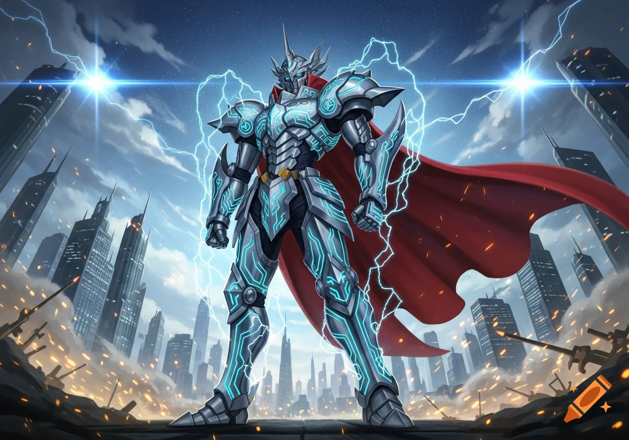 A massive armored figure with glowing blue circuitry and a red cape ...