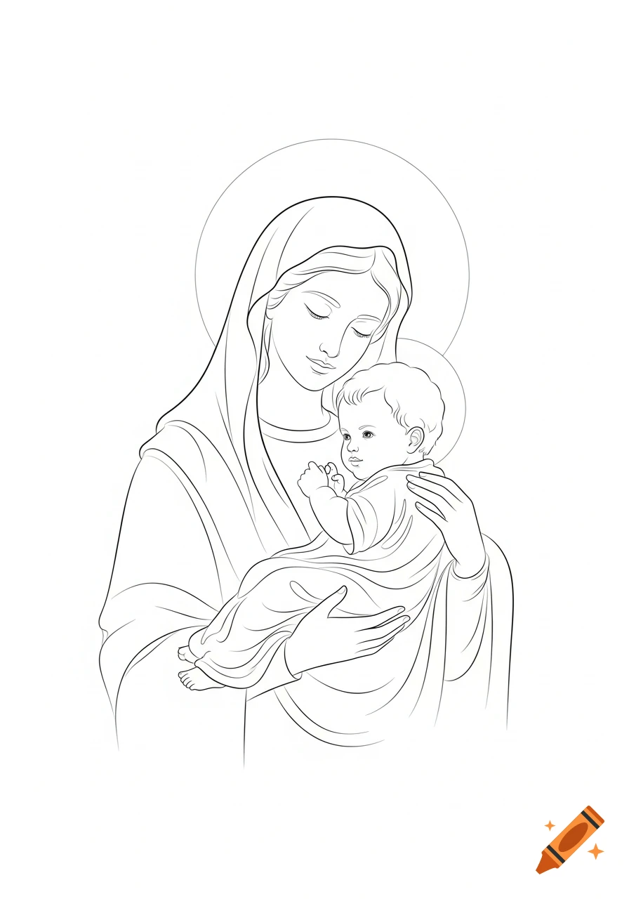 Outline drawing of Mary cradling baby Jesus with halos.