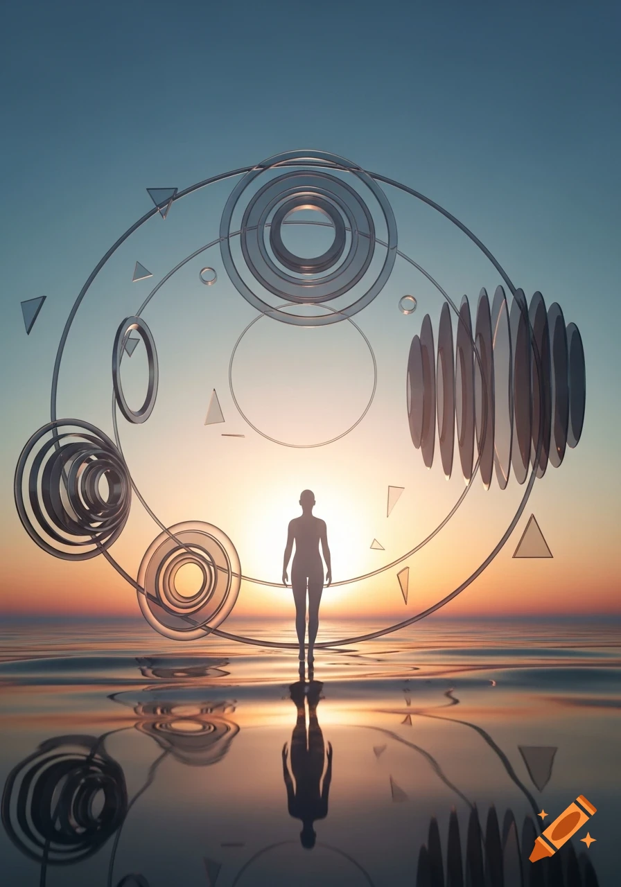 A silhouetted figure stands in water at sunset, surrounded by transparent abstract geometric shapes, reflected below.