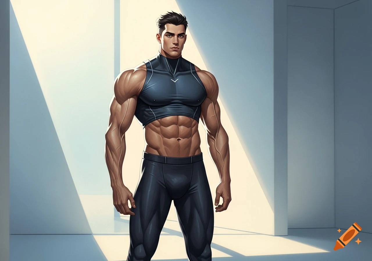Muscular man in a dark grey crop top and compression pants stands in a bright room with sunlight.