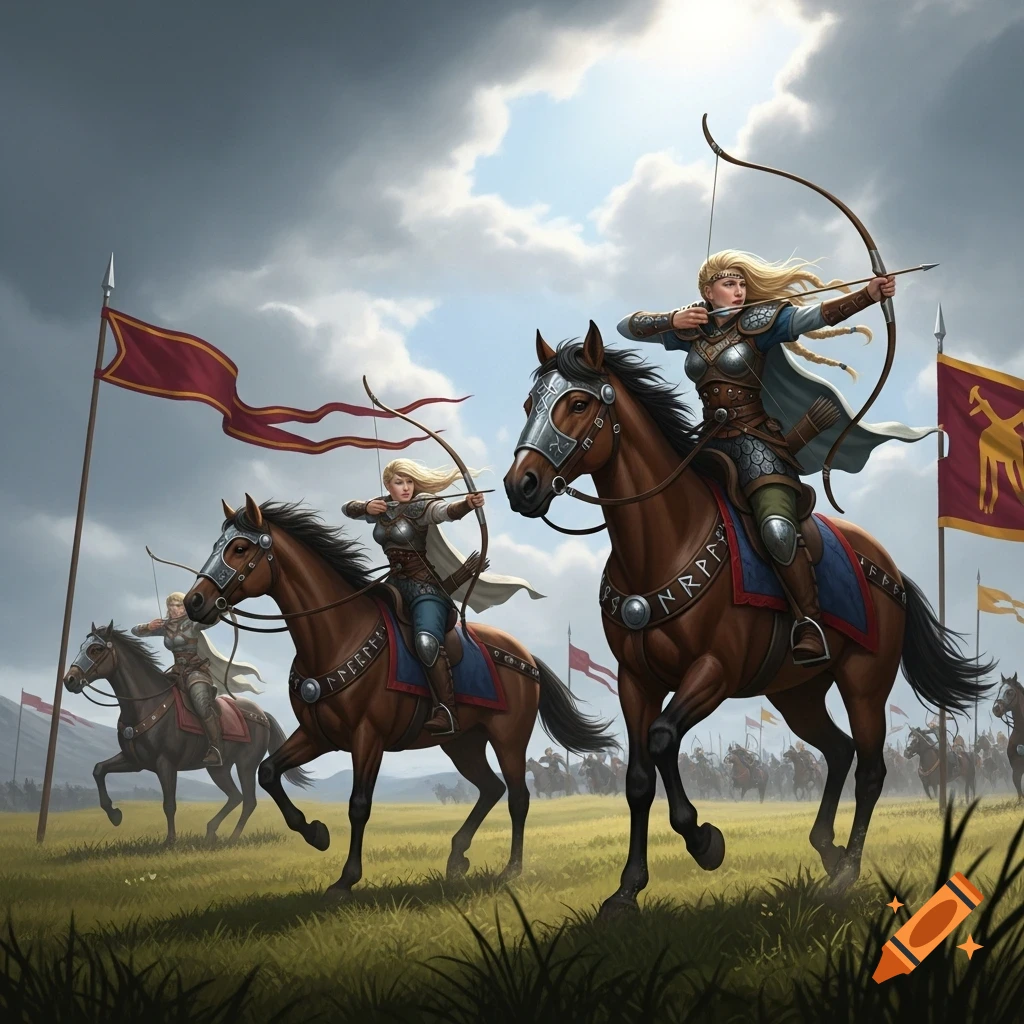 Blonde female archers in medieval armor ride horses across a grassy battlefield under a cloudy sky, aiming bows.
